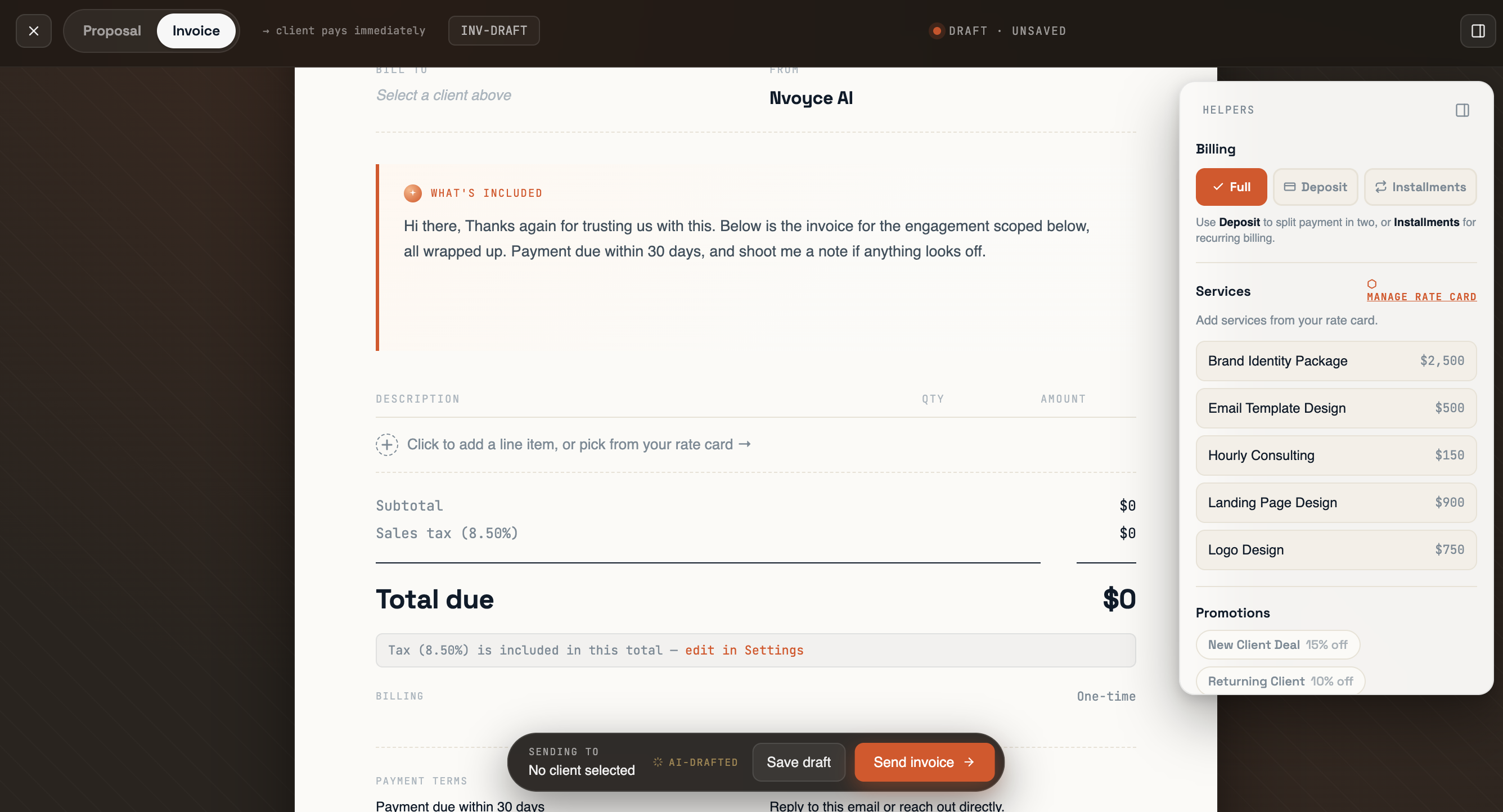 The Nvoyce composer with the Helpers sidebar showing billing options (Full, Deposit, Installments), rate-card services pulled into the line items, and saved promotions