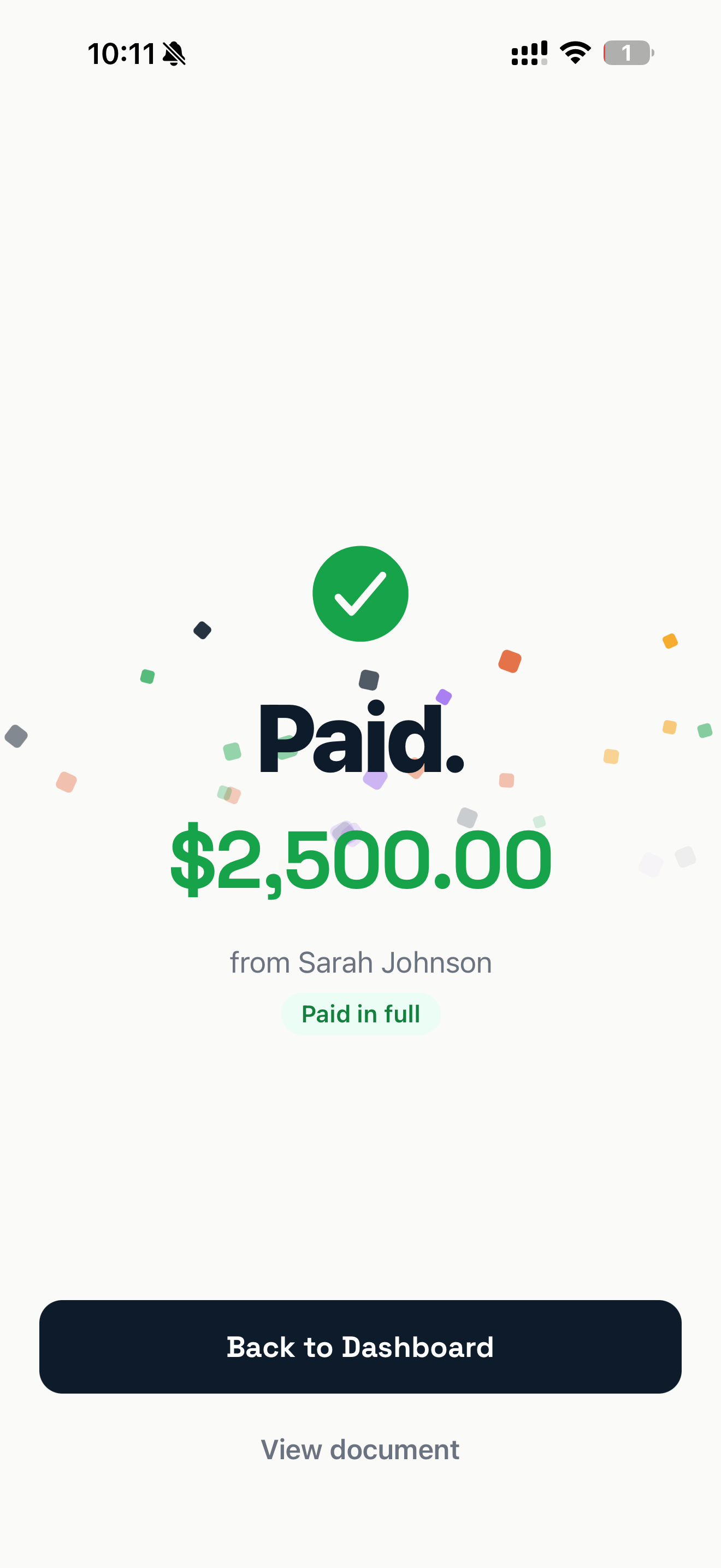 The Nvoyce Paid confirmation screen with a green checkmark, confetti, and the amount $2,500.00 paid in full from Sarah Johnson